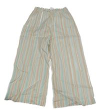 Bielo-lososovo-zelenkavé pruhované ľahké nohavice