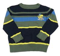 Kaki-tmavomodro-žltý pruhovaný sveter s dinem