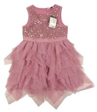 Nové - Růžové flitrovo/tylové slavnostní šaty Primark