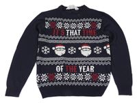 Tmavomodro-biely vzorovaný sveter so vzorom a Santou H&M