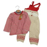Nové - 2set -Béžovo-červené pletené laclové kalhoy se Santou + pruhované triko Primark