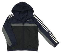 Černo-tmavomodrá šusťáková podzimní bunda s kapucí Adidas