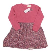 Nové - Růžové pletené/lehké šaty s kytičkami a mašlí Yd. 