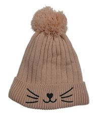 Starorůžová pletená žebrovaná podšitá čepice s kočkou