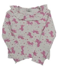 Bielo-ružové rebrované tričko s jednorožcami a volánikom Kiki&Koko