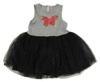 Šedo-černé bavlněno/tylové šaty s motýlem 