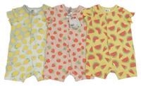 Nové - 3x - Světlerůžový + žlutý + světlemodrý kraťasový overal s ovocem H&M