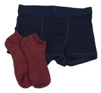 2set - Tmavomodré boxerky + vínové ponožky