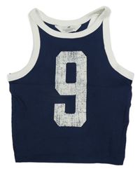Tmavomodro-biely rebrovaný crop top s číslom H&M