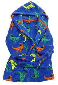 Modrý plyšový župan s dinosaury a kapucí 
