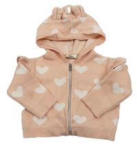 Broskvový propínací svetr s bílými srdíčky a volánky a kapucí s oušky RIVER ISLAND