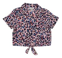 Pudrovo-modro-tmavomodro-jahodová vzorovaná crop halenka s uzlem Bluezoo 