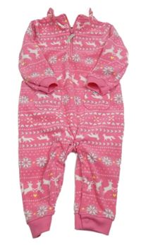 Ružová vzorovaná plyšová kombinéza so zvieratkami a vločkami carter's