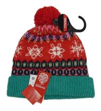 Nové - červeno-zelená melírovaná vzorovaná čepice s vločkami a bambulí St. Bernard