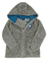 Sivo-biela melírovaná chlpatá bunda s nášivkou a kapucňou lupilu