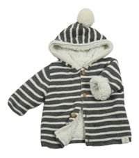 Tmavošedo-bílý pruhovaný propínací zateplený svetr s kapucí s bambulí George
