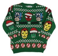 Tmavozelený vzorovaný pletený sveter s Avengers s vánočním motívom MARVEL