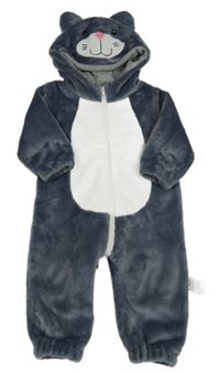 Tmavošedo-bílá plyšová kombinéza s kapucí - kočička