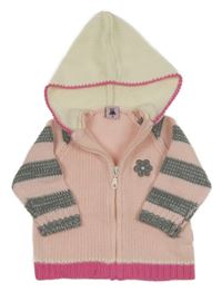 Svetloružová -ružovo-sivý pletený prepínaci sveter s květem a pruhmi a kapucňou