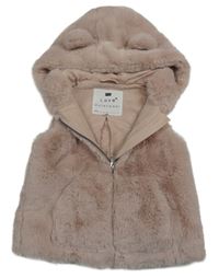 Pudrová kožušinová podšitá vesta s kapucňou s uškami F&F