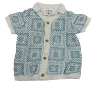 Bílo-světlemodro-břidlicové vzorované ažurové pletené propínací podšité tričko s límečkem F&F