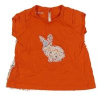 Tmavooranžovo-bílé tričko s králíčkem a kytičkami Vertbaudet