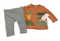 Nové - 2Set - Cihlové triko s dinosaury + černo/bílé melírované turecké tepláky F&F