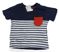 Nové - bielo-tmavomodré pruhované tričko s vreckom PRIMARK