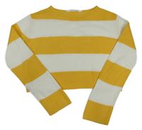 Tmavožluto-biely pruhovaný rebrovaný pletený oversize crop sveter H&M