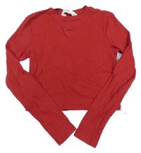 Tmavočervené rebrované crop tričko so srdiečkovaným prestrihom H&M