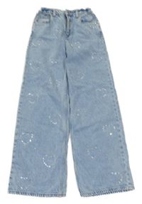 Svetlomodré plesňové high waist rifle so srdíčky z kamínků Page one young
