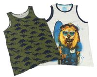 2x tílko - khaki tílko s dinosaury + bílé tílko s lvem