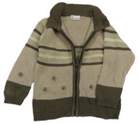 Svetlohnedý prepínaci sveter s pruhmi a výšivkami vloček