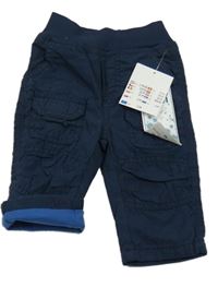 Nové - Tmavomodré plátěné podšité kalhoty s příšerkou a úpletovým pasem Dopodopo