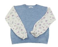 Modrá melírovaná svetrová vesta s blúzková ymi kvetovanymi rukávy Primark