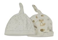2x čepice - biela s hvězdičkami + biela so zvířaty