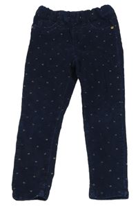 Tmavomodré elastické manšestráky so zlatými srdiečkami