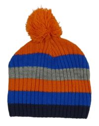 Modro-oranžovo-šedá pruhovaná pletená čepice s bambulí Lupilu