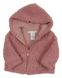 Růžová huňatá propínací mikina s kapucí 