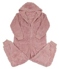 Růžová plyšová kombinéza se srdíčky a kapucí DUNNES 