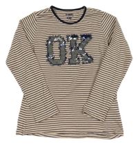 Béžovo-tmavomodré pruhované tričko s nápisem z flitrů Tchibo