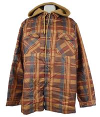 Pánská červen-oranžovo-šedá kostkovaná lehce zateplená košilová bunda s kapucí