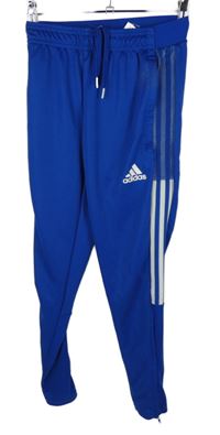 Dámské safírové sportovní funkční tepláky s pruhy Adidas 