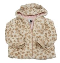 Smetanová kožešinová podšitá bunda s leopardím vzorem a kapucí Tu