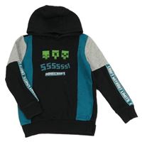 Čierno-modro-sivá mikina s Minecraft a kapucňou