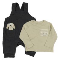 Nové - Antracitové laclové tepláky s pejskem+ béžové žebrované triko Dopodopo