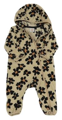 Béžová fleecová kombinéza s kvietkami a kapucňou