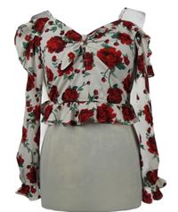 Dámska biela crop blúzka s kvetmi a volnými rameny H&M