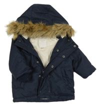 Tmavomodrá šusťáková zimní bunda s kožešinou a kapucí Manor