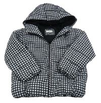 Čierno-biela kockovaná šušťáková prešívaná zimná bunda s kapucňou Mango